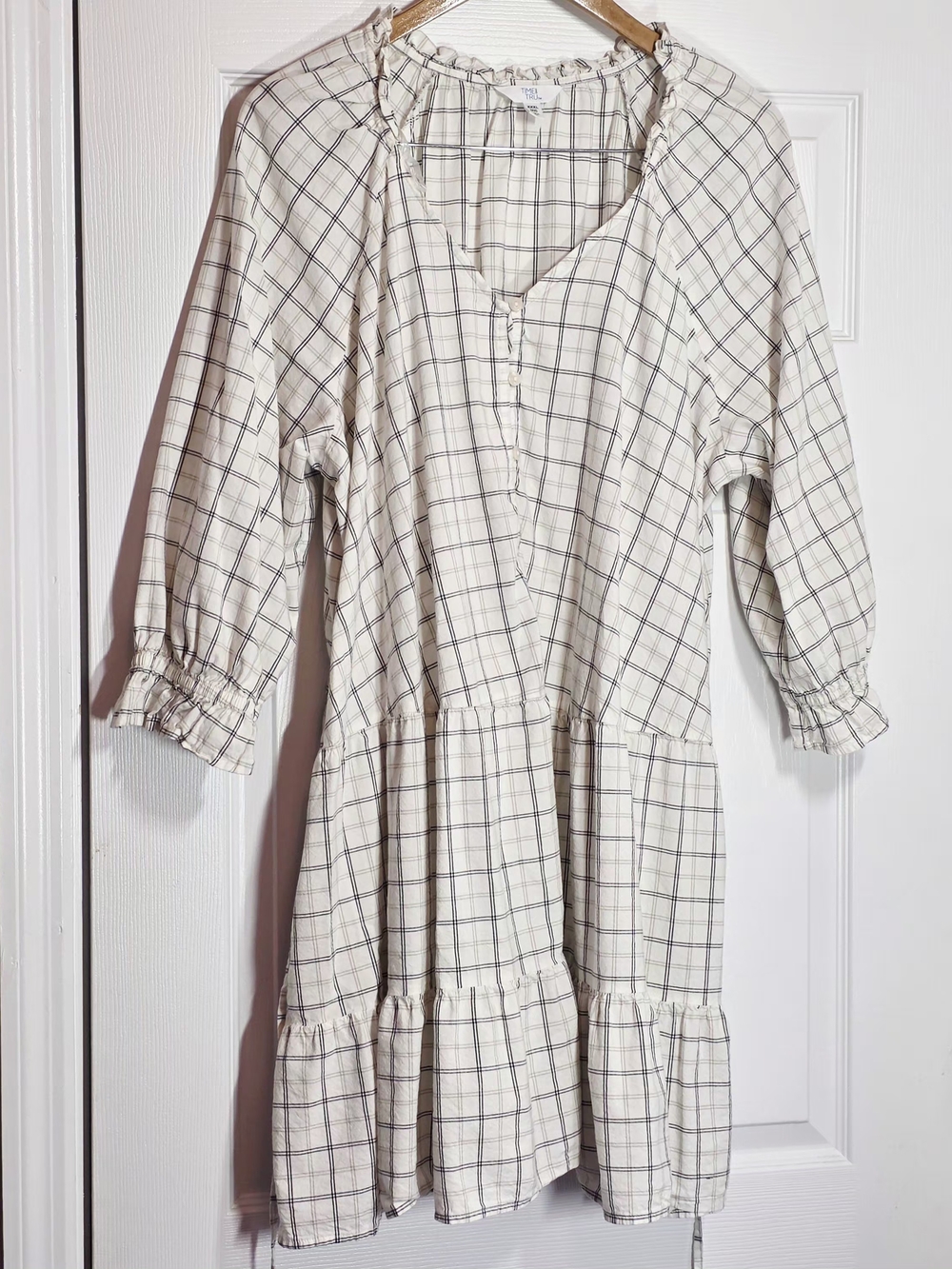 Time & Tru Women’s XXXL 22 Tiered Dress Blue White Plaid Baby Doll Prairie Dress